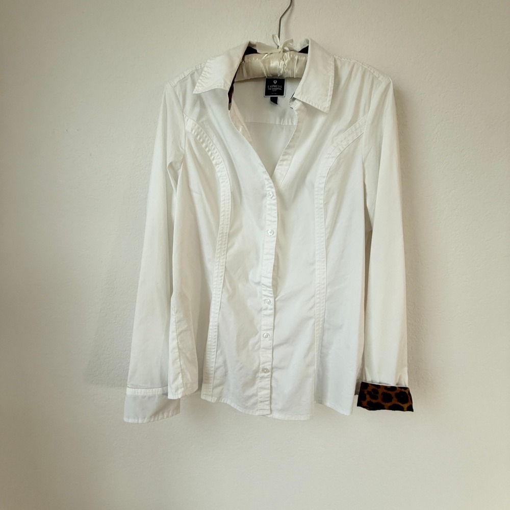 Express Essential Shirt Womens White Button Down Collar Leopard Cuff Detail L